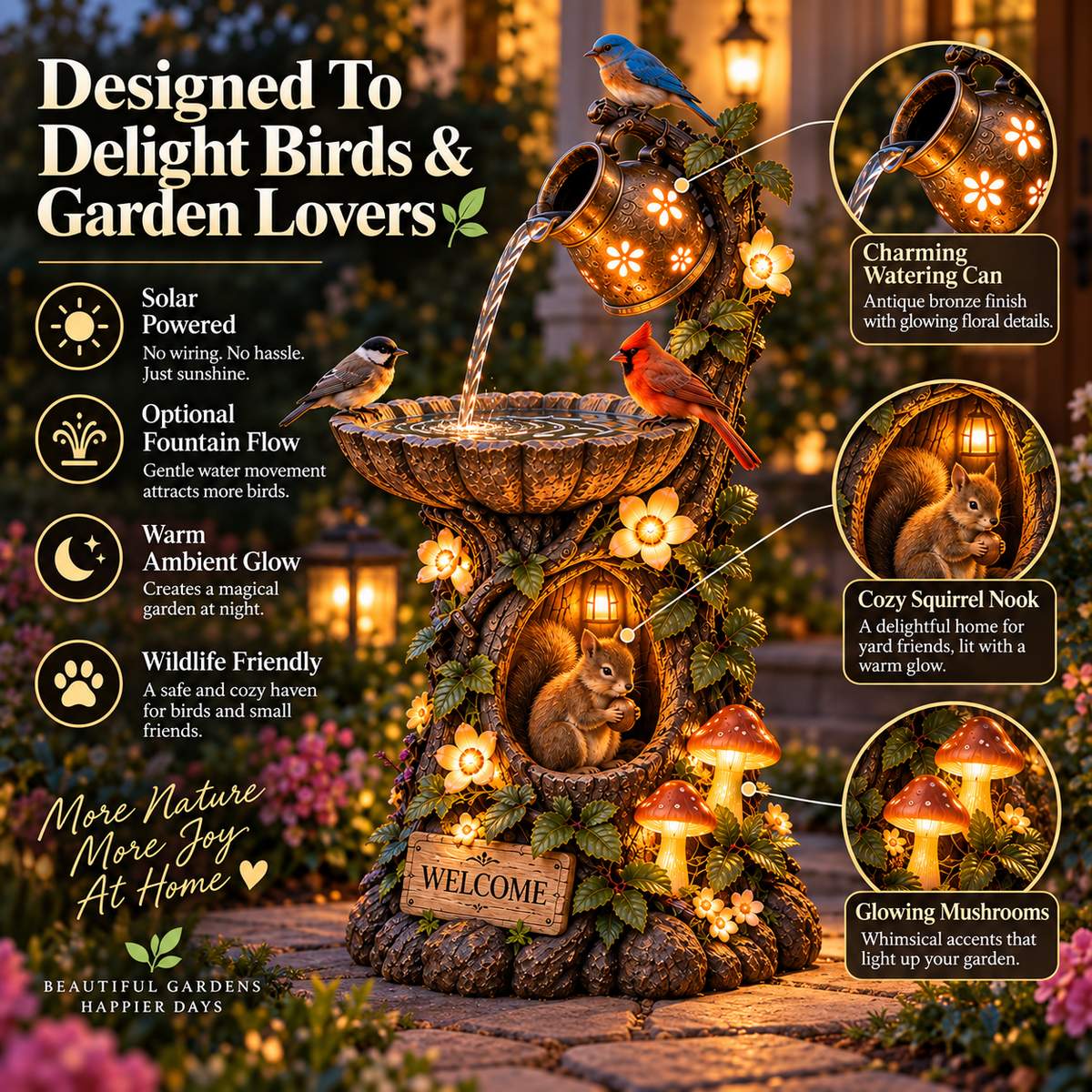 🐦🐿️✨Solar  Woodland Friends Lighted Fountain – Enchanted Garden Decor