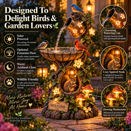 🐦🐿️✨Solar  Woodland Friends Lighted Fountain – Enchanted Garden Decor