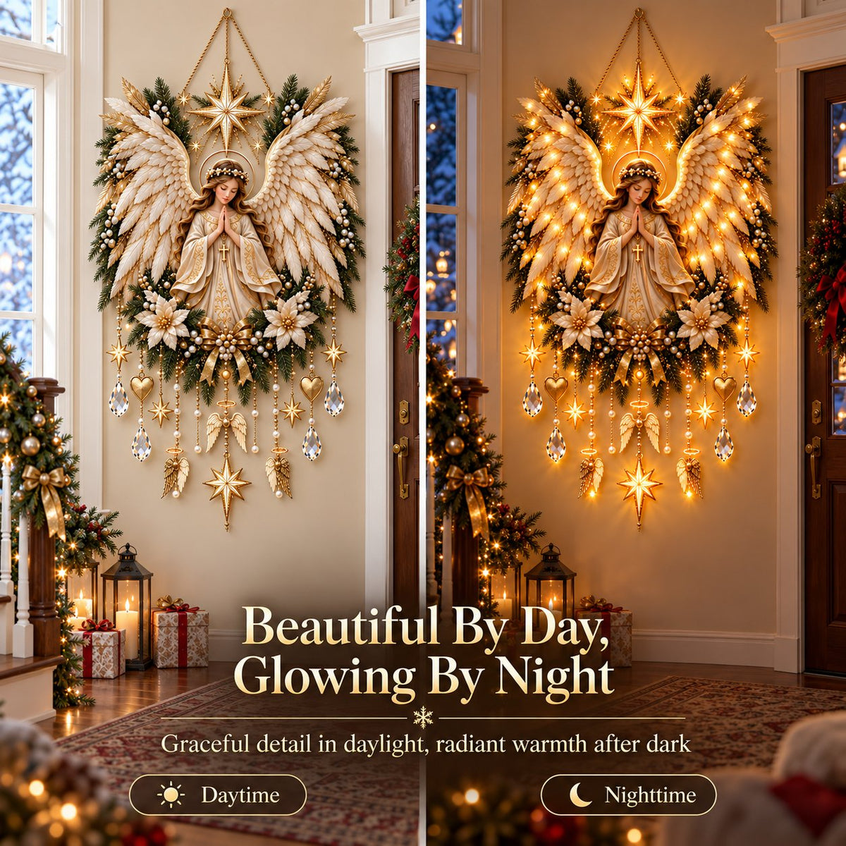 ✨👼 Illuminated Praying Angel Christmas Wreath – A Heavenly Holiday Welcome 🎄🙏