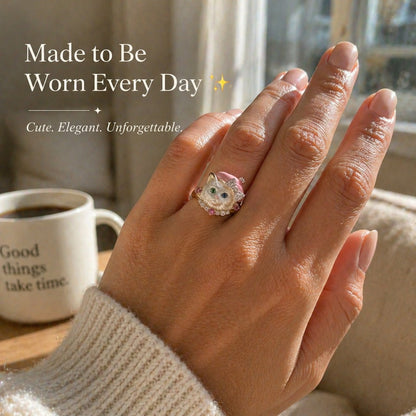🐱💍Whimsical Pink Beret Cat Ring with Crystal Bow & Gemstone Eyes