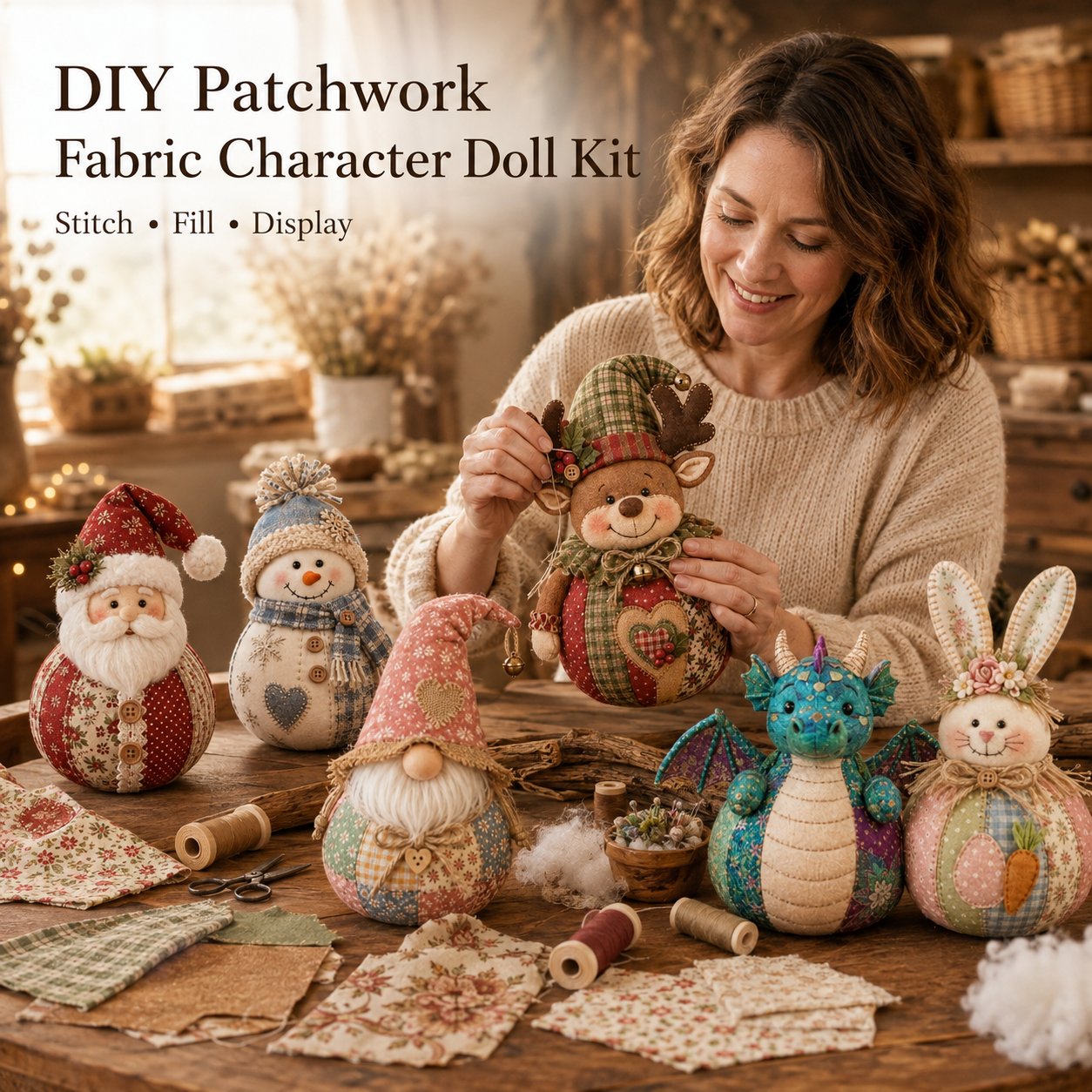 DIY Patchwork Christmas Character Doll Kit – Handmade Holiday Fabric Craft Decoration