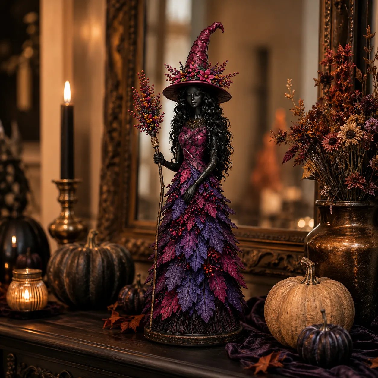 🍂🍁 Mystical Autumn Witch Statue for Fall & Halloween Decor