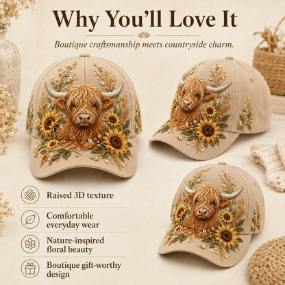 🦬3D Embroidered Highland Cow Baseball Cap – Lightweight, Breathable & Unisex