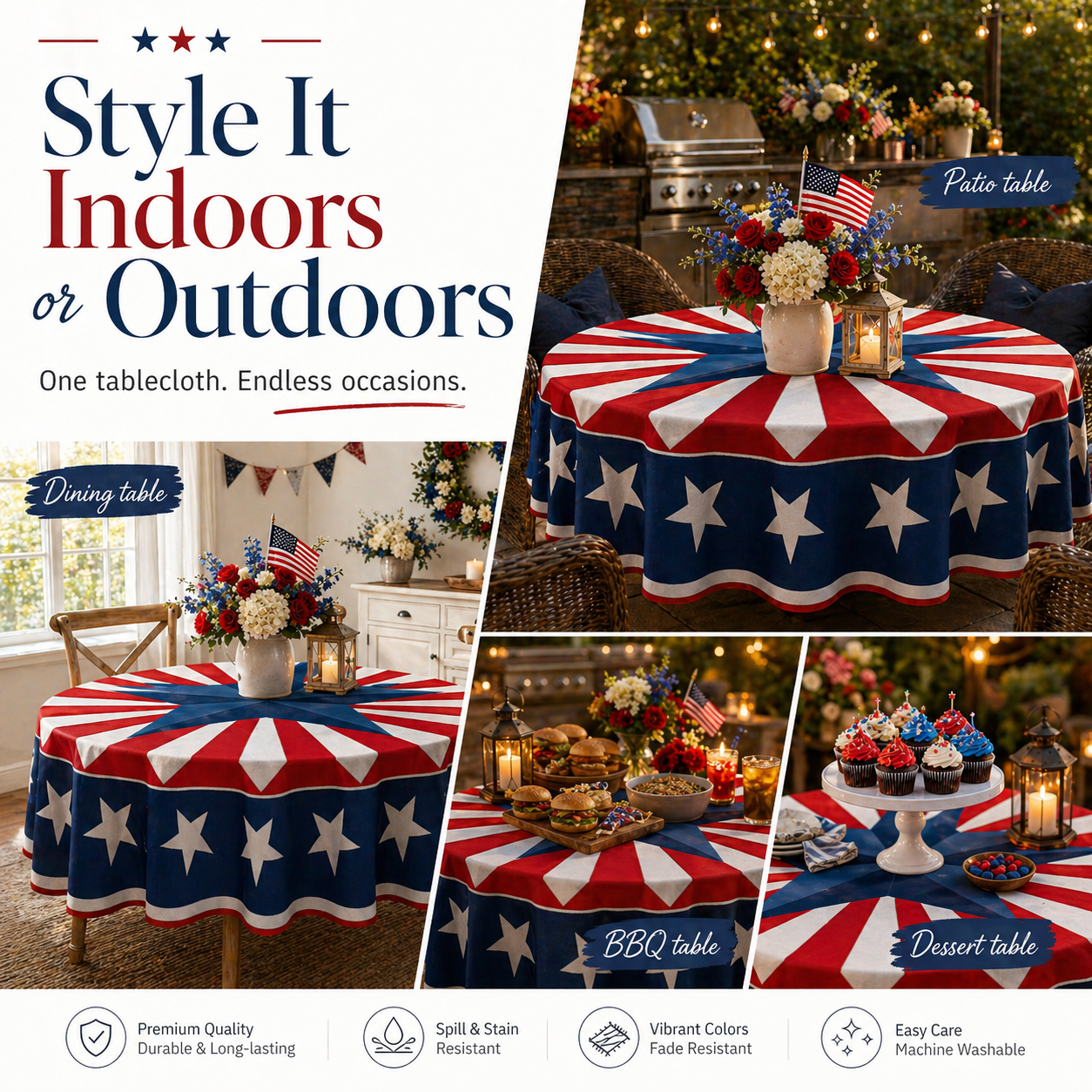 🇺🇸 Patriotic Round Tablecloth Outdoor Picnic Party Decor