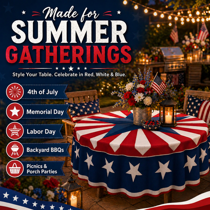 🇺🇸 Patriotic Round Tablecloth Outdoor Picnic Party Decor