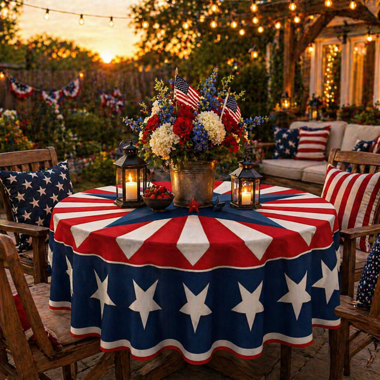 🇺🇸 Patriotic Round Tablecloth Outdoor Picnic Party Decor