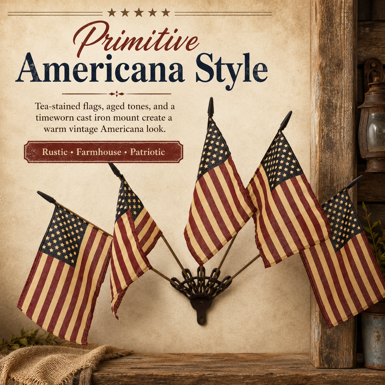 Vintage Tea-Stained American Flag Cast Iron Wall Holder | 5 Flags Rustic Farmhouse Wall Decor