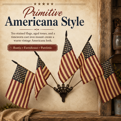 Vintage Tea-Stained American Flag Cast Iron Wall Holder | 5 Flags Rustic Farmhouse Wall Decor