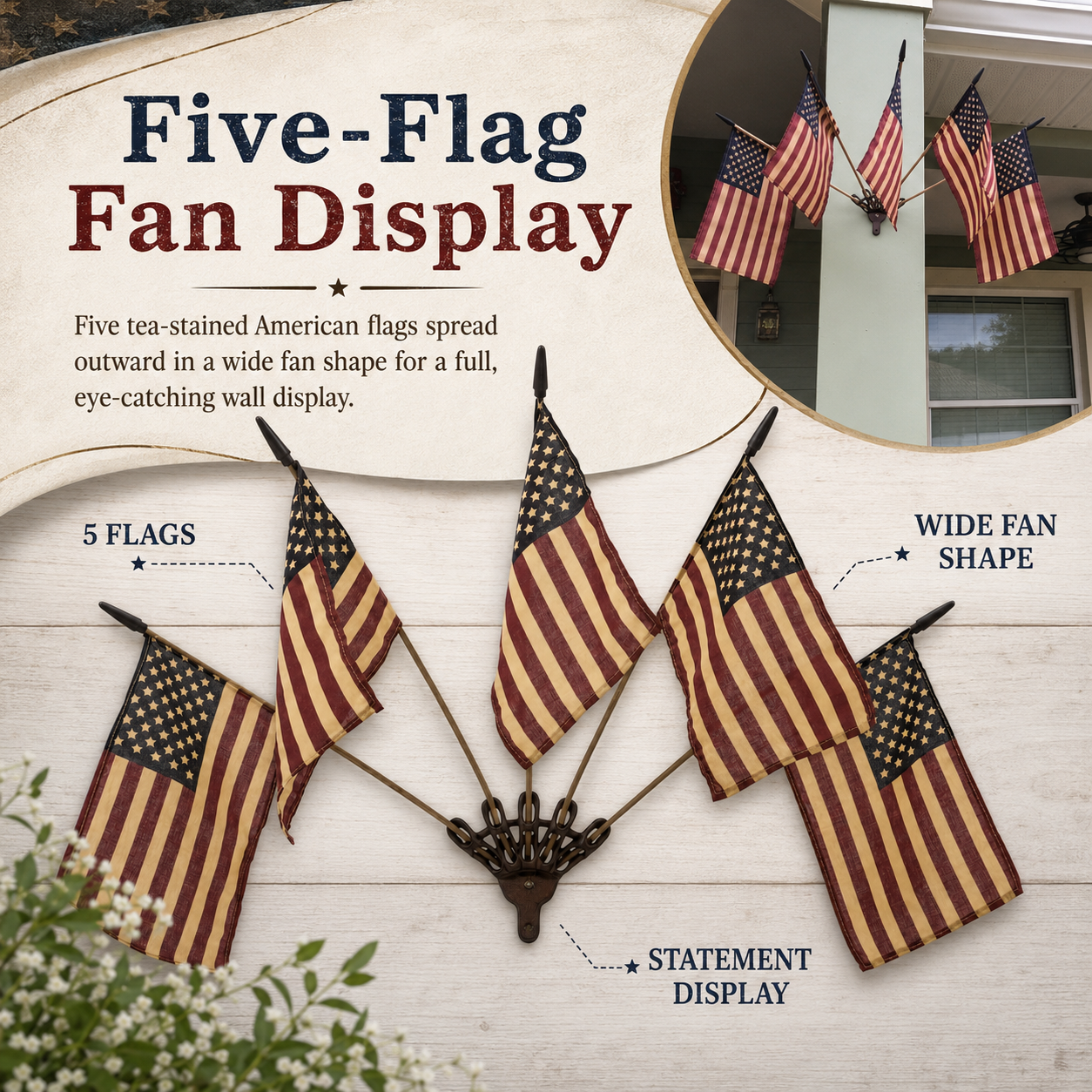 Vintage Tea-Stained American Flag Cast Iron Wall Holder | 5 Flags Rustic Farmhouse Wall Decor