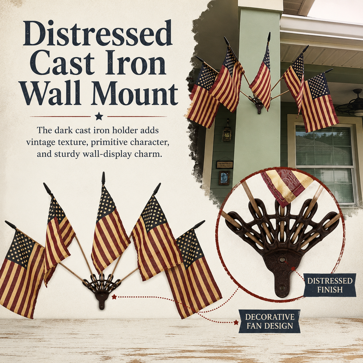 Vintage Tea-Stained American Flag Cast Iron Wall Holder | 5 Flags Rustic Farmhouse Wall Decor