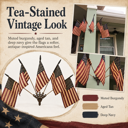 Vintage Tea-Stained American Flag Cast Iron Wall Holder | 5 Flags Rustic Farmhouse Wall Decor