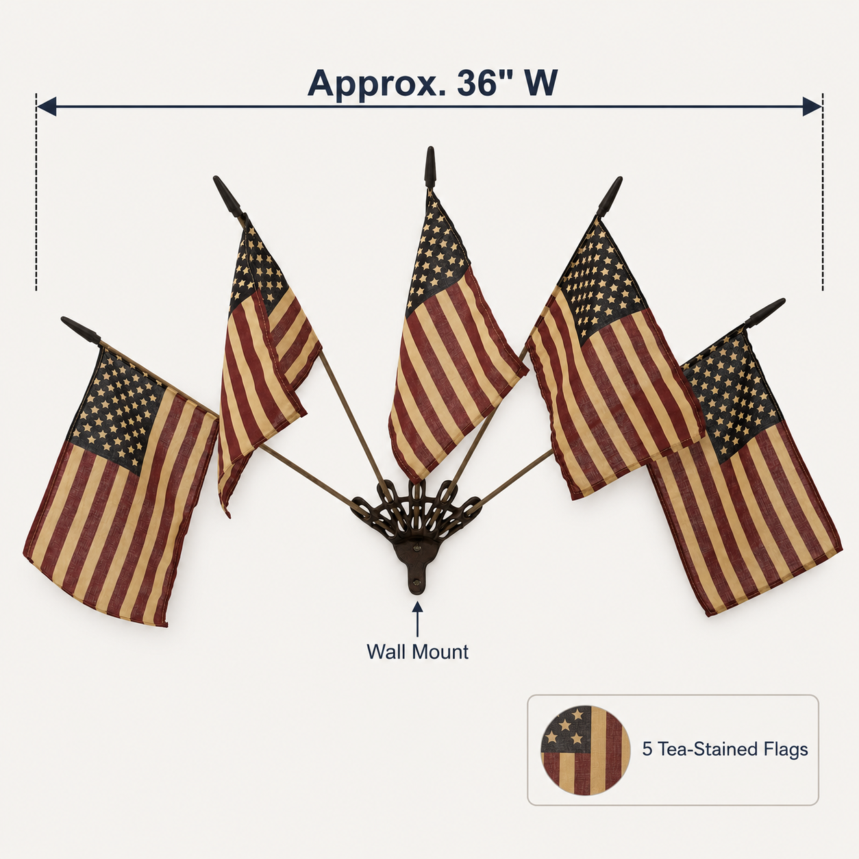 Vintage Tea-Stained American Flag Cast Iron Wall Holder | 5 Flags Rustic Farmhouse Wall Decor