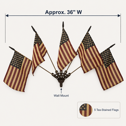 Vintage Tea-Stained American Flag Cast Iron Wall Holder | 5 Flags Rustic Farmhouse Wall Decor