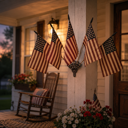 Vintage Tea-Stained American Flag Cast Iron Wall Holder | 5 Flags Rustic Farmhouse Wall Decor
