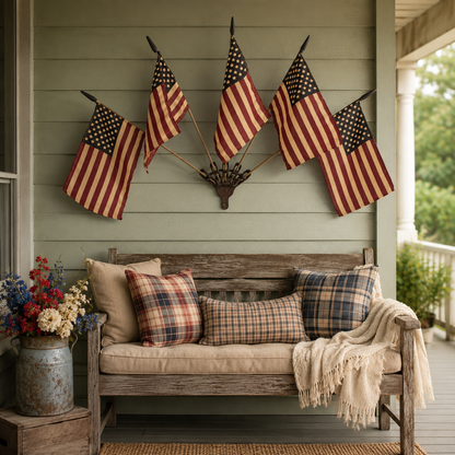 Vintage Tea-Stained American Flag Cast Iron Wall Holder | 5 Flags Rustic Farmhouse Wall Decor