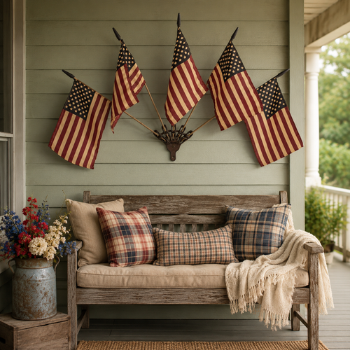 Vintage Tea-Stained American Flag Cast Iron Wall Holder | 5 Flags Rustic Farmhouse Wall Decor