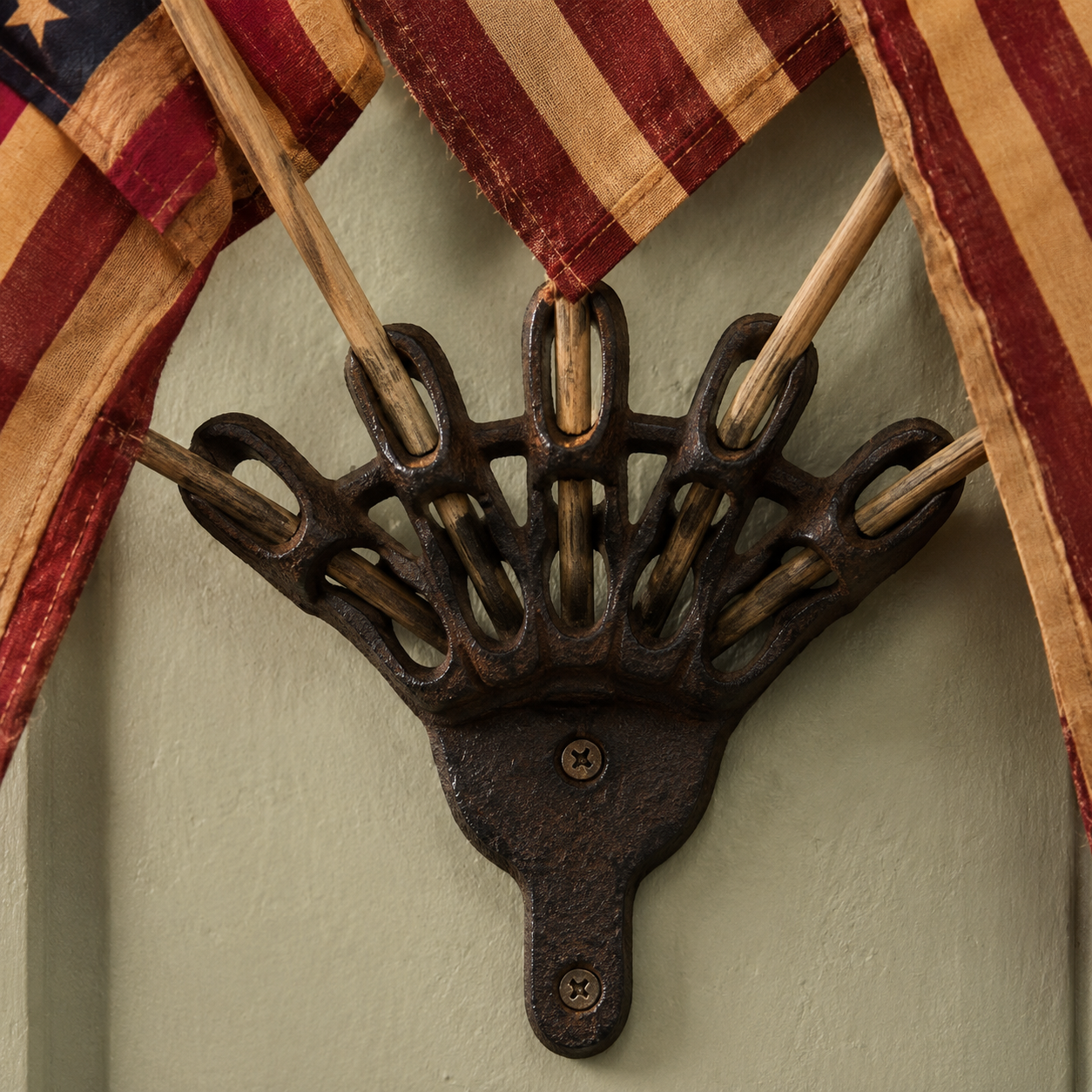 Vintage Tea-Stained American Flag Cast Iron Wall Holder | 5 Flags Rustic Farmhouse Wall Decor