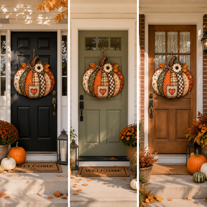 🍂🎃 Vintage Patchwork Lighted Pumpkin Door Hanger – Cozy Fall Front Door Decor