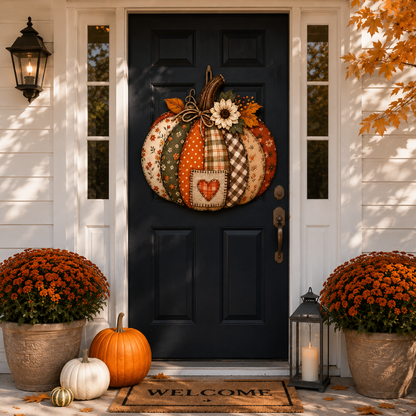 🍂🎃 Vintage Patchwork Lighted Pumpkin Door Hanger – Cozy Fall Front Door Decor