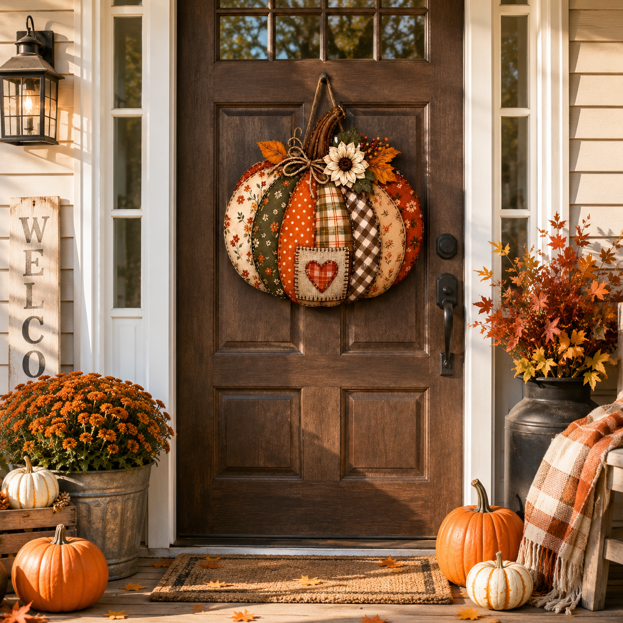 🍂🎃 Vintage Patchwork Lighted Pumpkin Door Hanger – Cozy Fall Front Door Decor