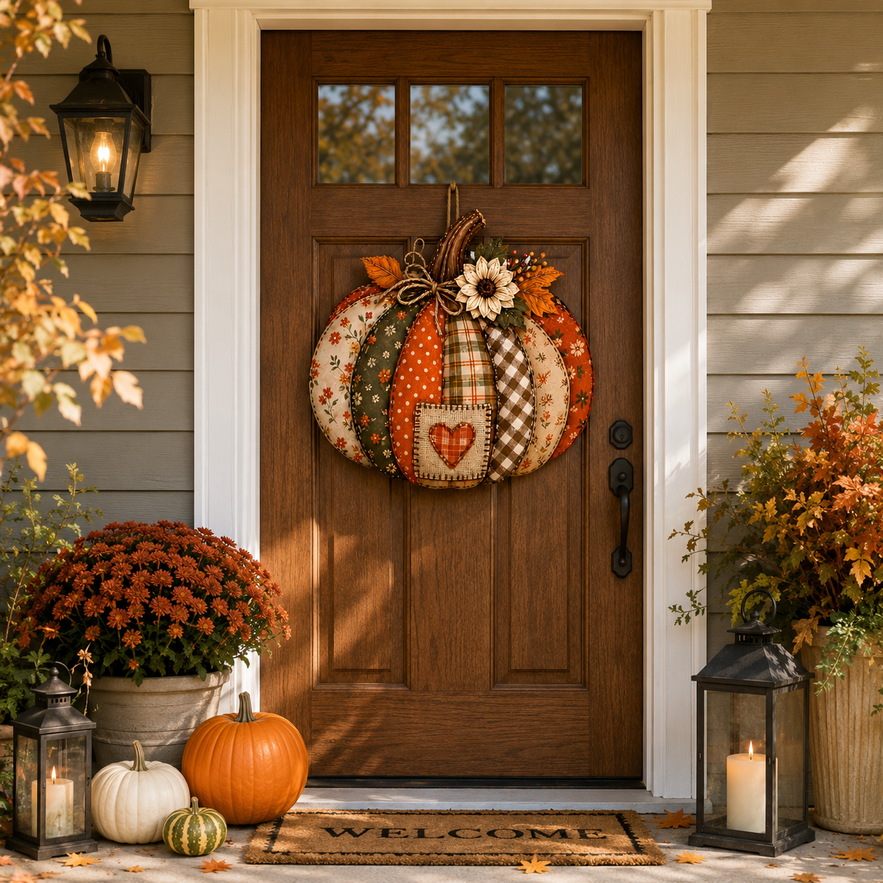 🍂🎃 Vintage Patchwork Lighted Pumpkin Door Hanger – Cozy Fall Front Door Decor
