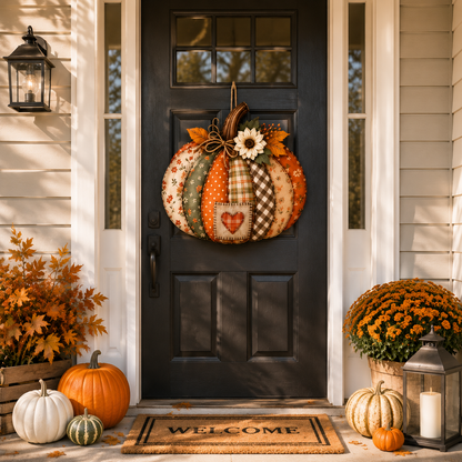🍂🎃 Vintage Patchwork Lighted Pumpkin Door Hanger – Cozy Fall Front Door Decor