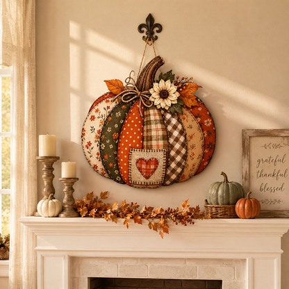 🍂🎃 Vintage Patchwork Lighted Pumpkin Door Hanger – Cozy Fall Front Door Decor
