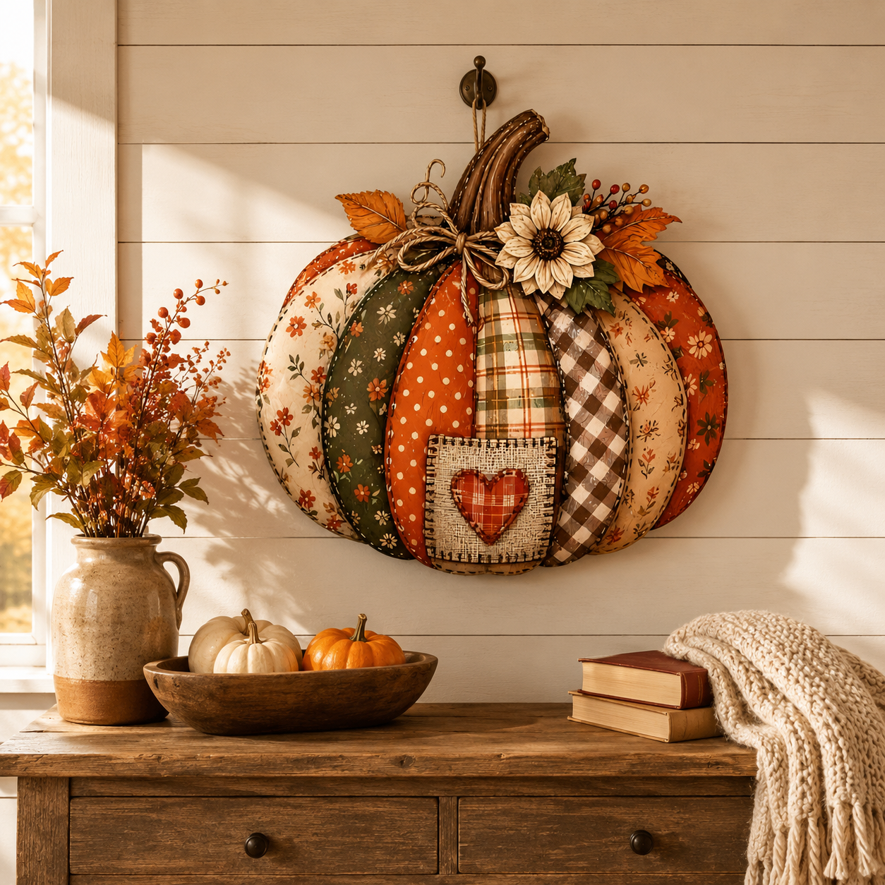 🍂🎃 Vintage Patchwork Lighted Pumpkin Door Hanger – Cozy Fall Front Door Decor