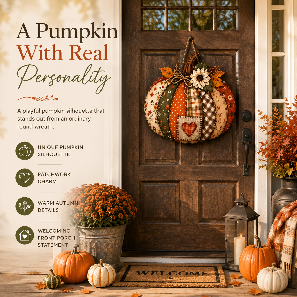 🍂🎃 Vintage Patchwork Lighted Pumpkin Door Hanger – Cozy Fall Front Door Decor