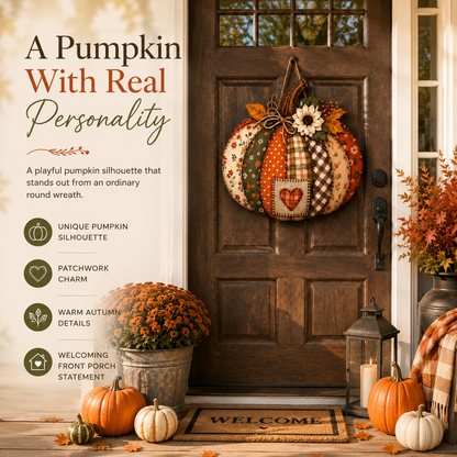 🍂🎃 Vintage Patchwork Lighted Pumpkin Door Hanger – Cozy Fall Front Door Decor