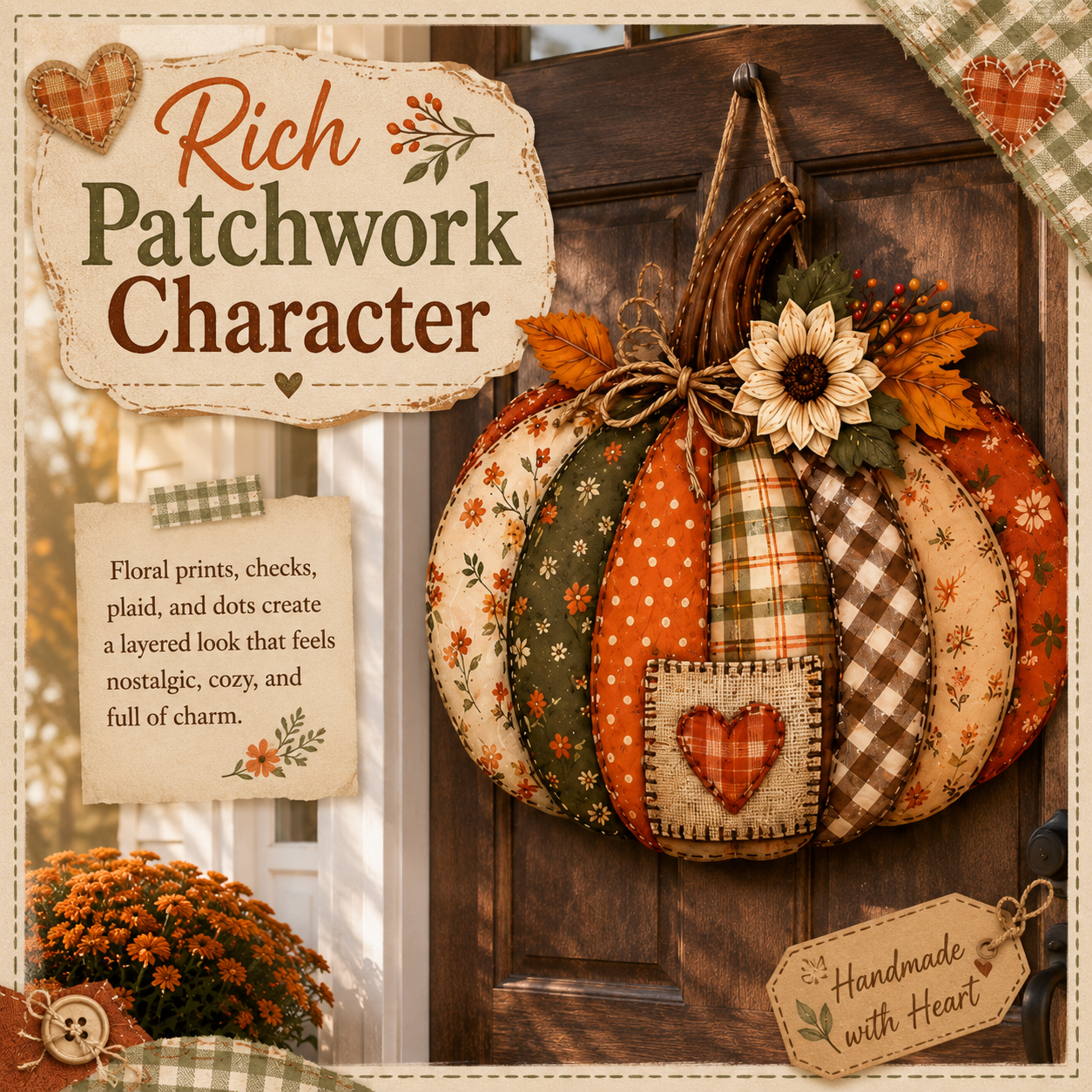 🍂🎃 Vintage Patchwork Lighted Pumpkin Door Hanger – Cozy Fall Front Door Decor