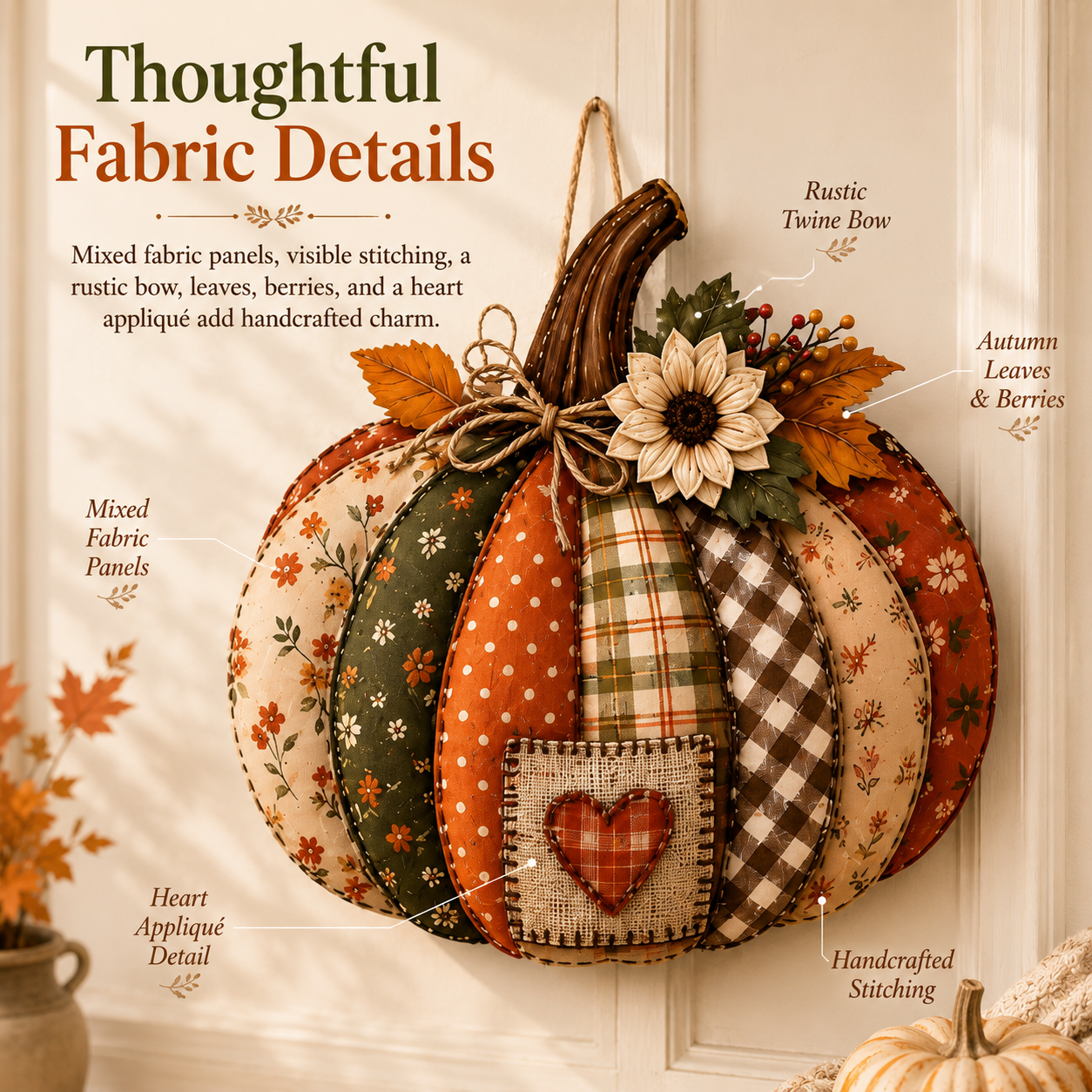 🍂🎃 Vintage Patchwork Lighted Pumpkin Door Hanger – Cozy Fall Front Door Decor