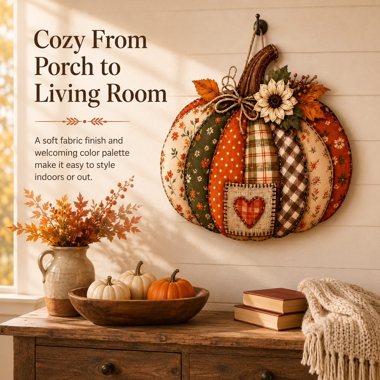 🍂🎃 Vintage Patchwork Lighted Pumpkin Door Hanger – Cozy Fall Front Door Decor