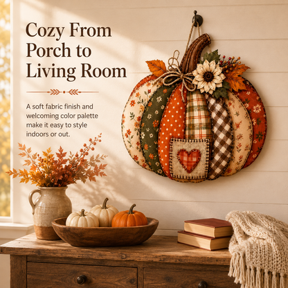 🍂🎃 Vintage Patchwork Lighted Pumpkin Door Hanger – Cozy Fall Front Door Decor