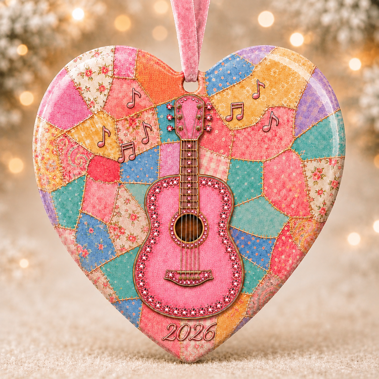 🎁🎸💗 Pink Guitar Memorial Heart Ornament - Forever in the Music
