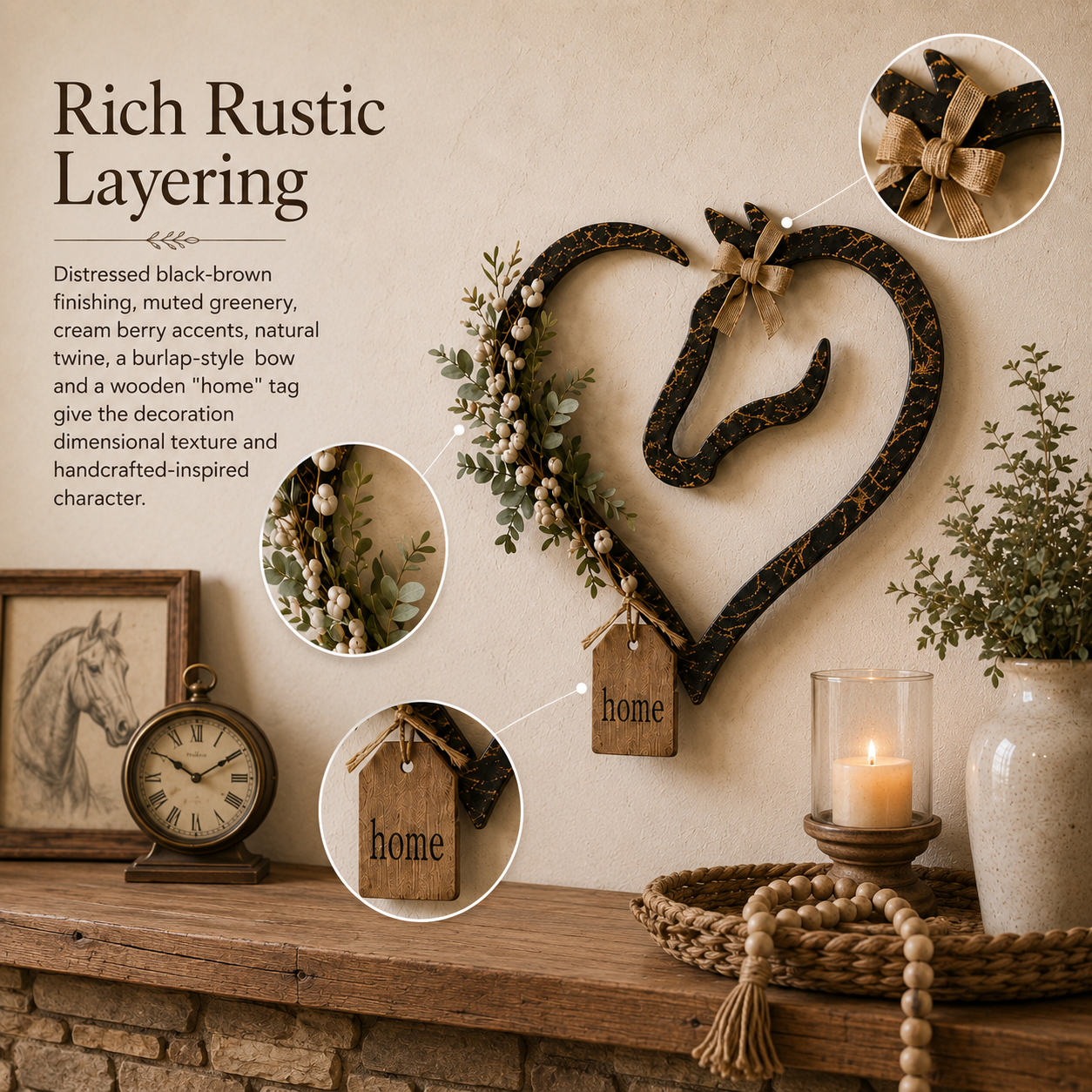 🐴🌿Equestrian Horse Heart Wall Decor with Greenery – Farmhouse Home Accent