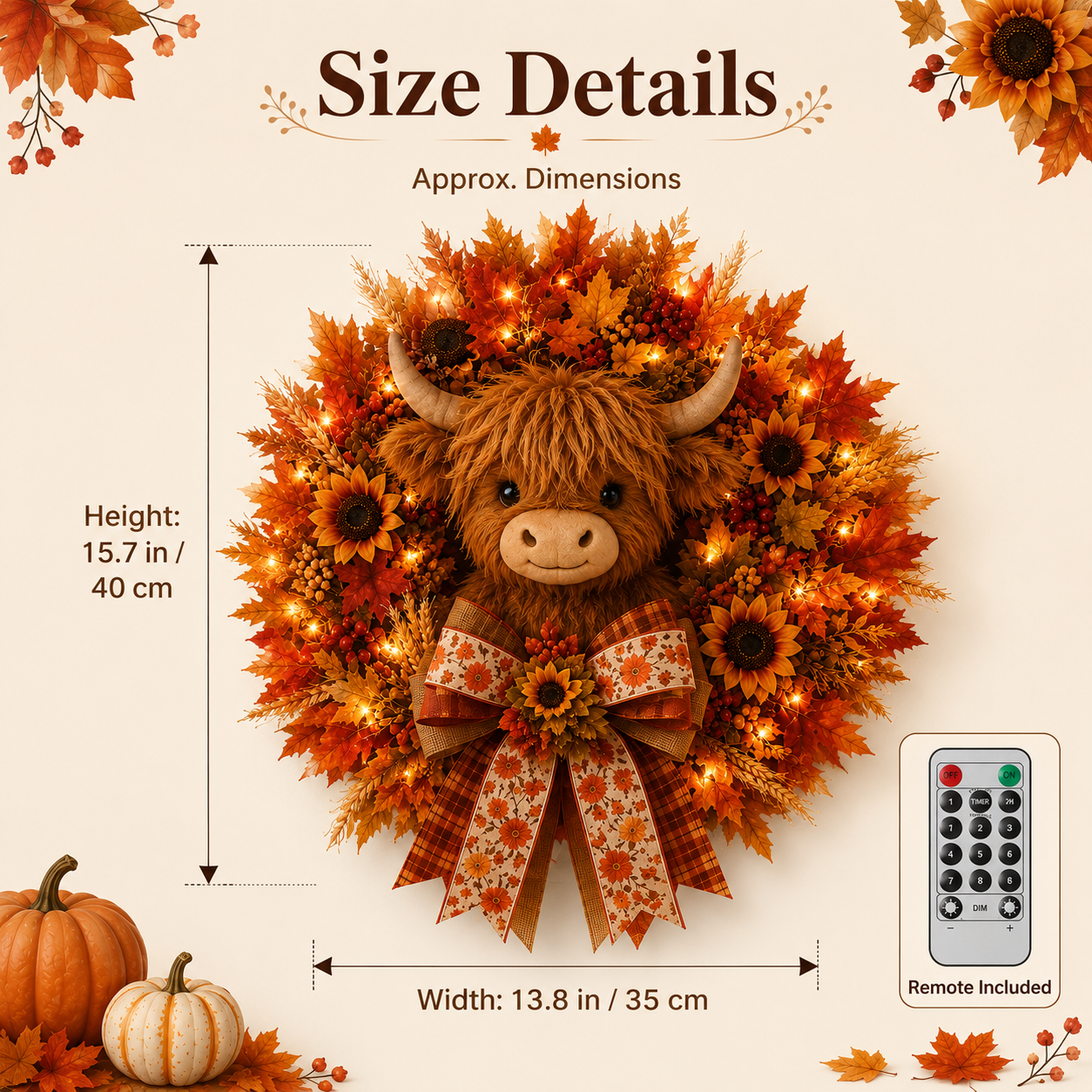 🍁🐮 Highland Cow Autumn Wreath – Lighted Farmhouse Front Door Decor