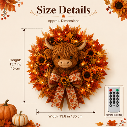 🍁🐮 Highland Cow Autumn Wreath – Lighted Farmhouse Front Door Decor