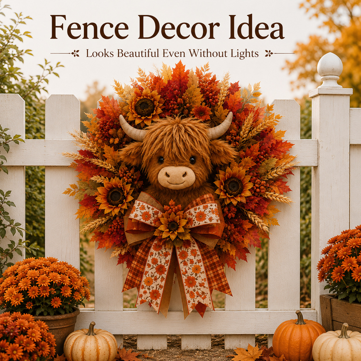 🍁🐮 Highland Cow Autumn Wreath – Lighted Farmhouse Front Door Decor