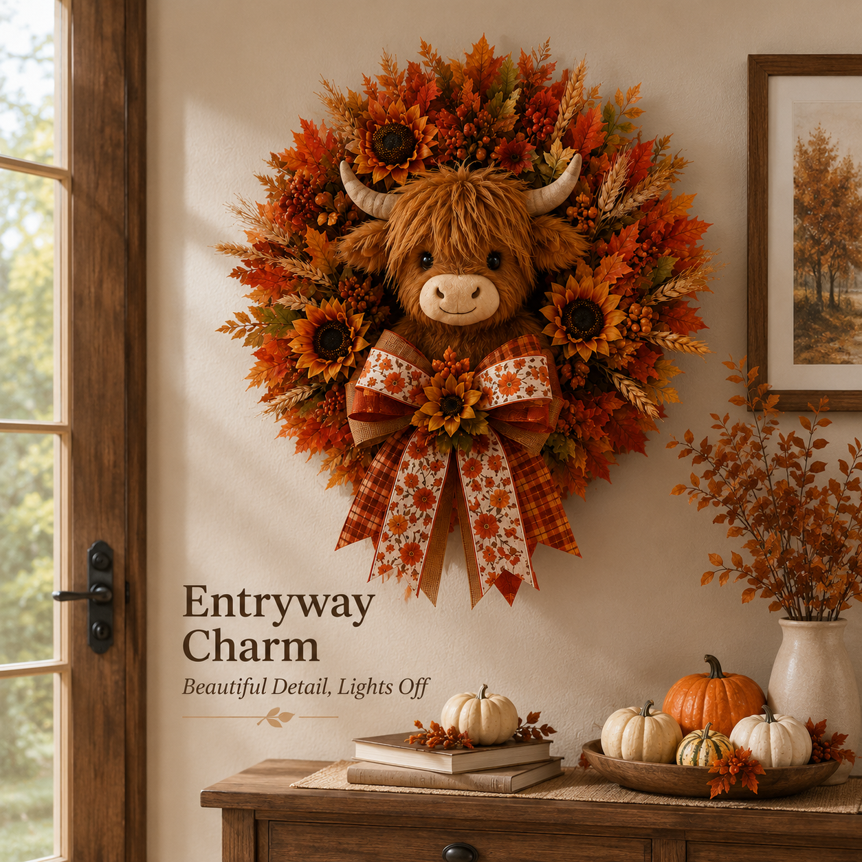 🍁🐮 Highland Cow Autumn Wreath – Lighted Farmhouse Front Door Decor