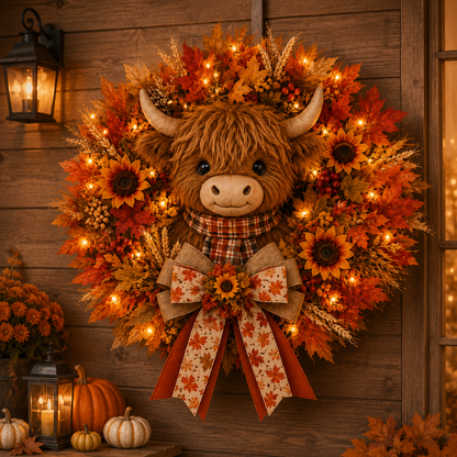 🍁🐮 Highland Cow Autumn Wreath – Lighted Farmhouse Front Door Decor