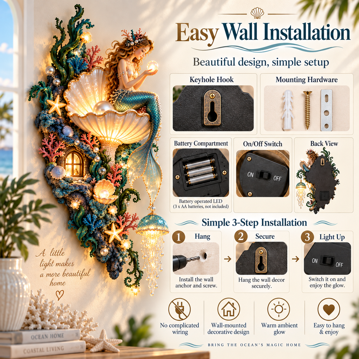 ✨ Mermaid Pearl Glow Wall Light | Ocean Inspired Coastal Decor 🧜‍♀️🐚