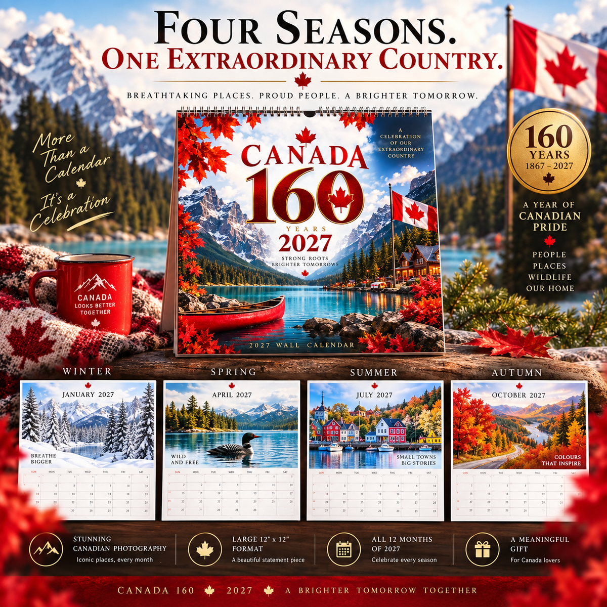 🍁🇨🇦 Canada 160™ | 2027 Wall Calendar – 12 Months of Canadian Beauty & Pride