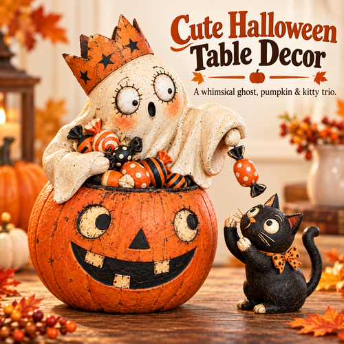 👻 Crowned Ghost Candy Pumpkin & Black Cat Halloween Tabletop Decor 🎃🐈‍⬛