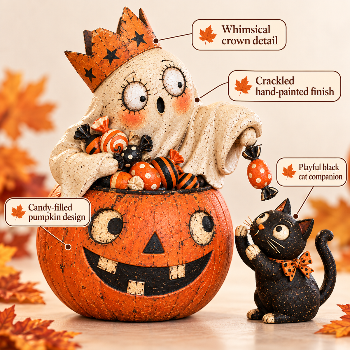 👻 Crowned Ghost Candy Pumpkin & Black Cat Halloween Tabletop Decor 🎃🐈‍⬛