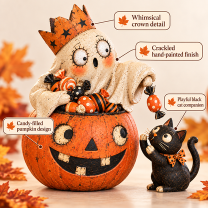 👻 Crowned Ghost Candy Pumpkin & Black Cat Halloween Tabletop Decor 🎃🐈‍⬛