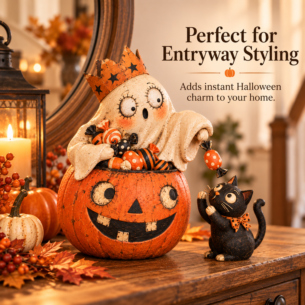 👻 Crowned Ghost Candy Pumpkin & Black Cat Halloween Tabletop Decor 🎃🐈‍⬛
