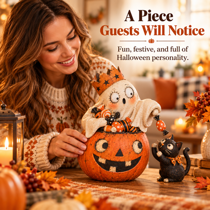 👻 Crowned Ghost Candy Pumpkin & Black Cat Halloween Tabletop Decor 🎃🐈‍⬛