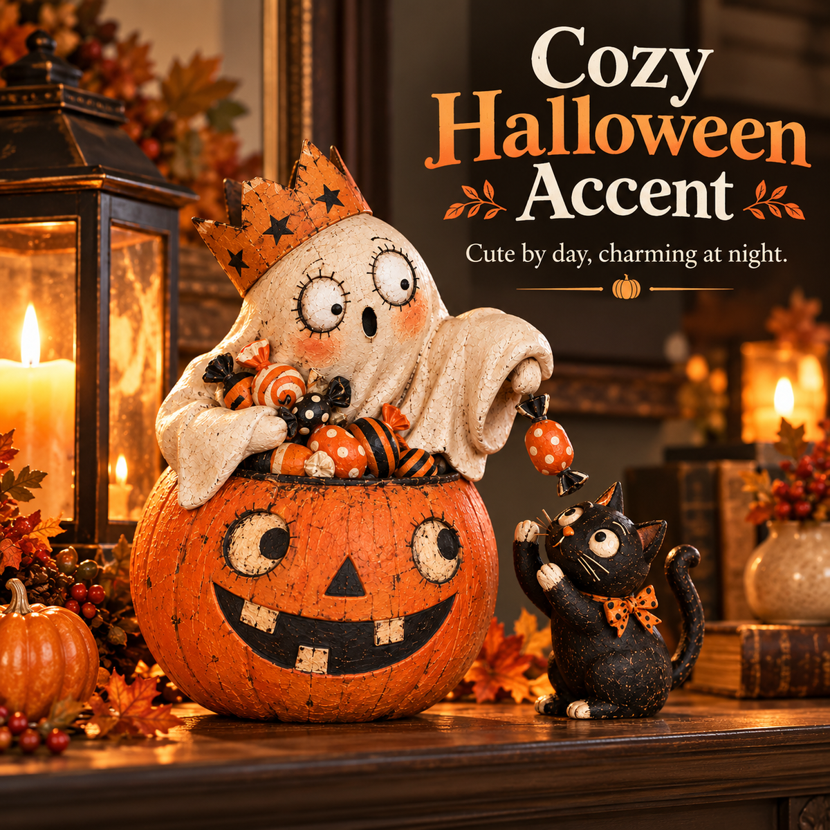 👻 Crowned Ghost Candy Pumpkin & Black Cat Halloween Tabletop Decor 🎃🐈‍⬛