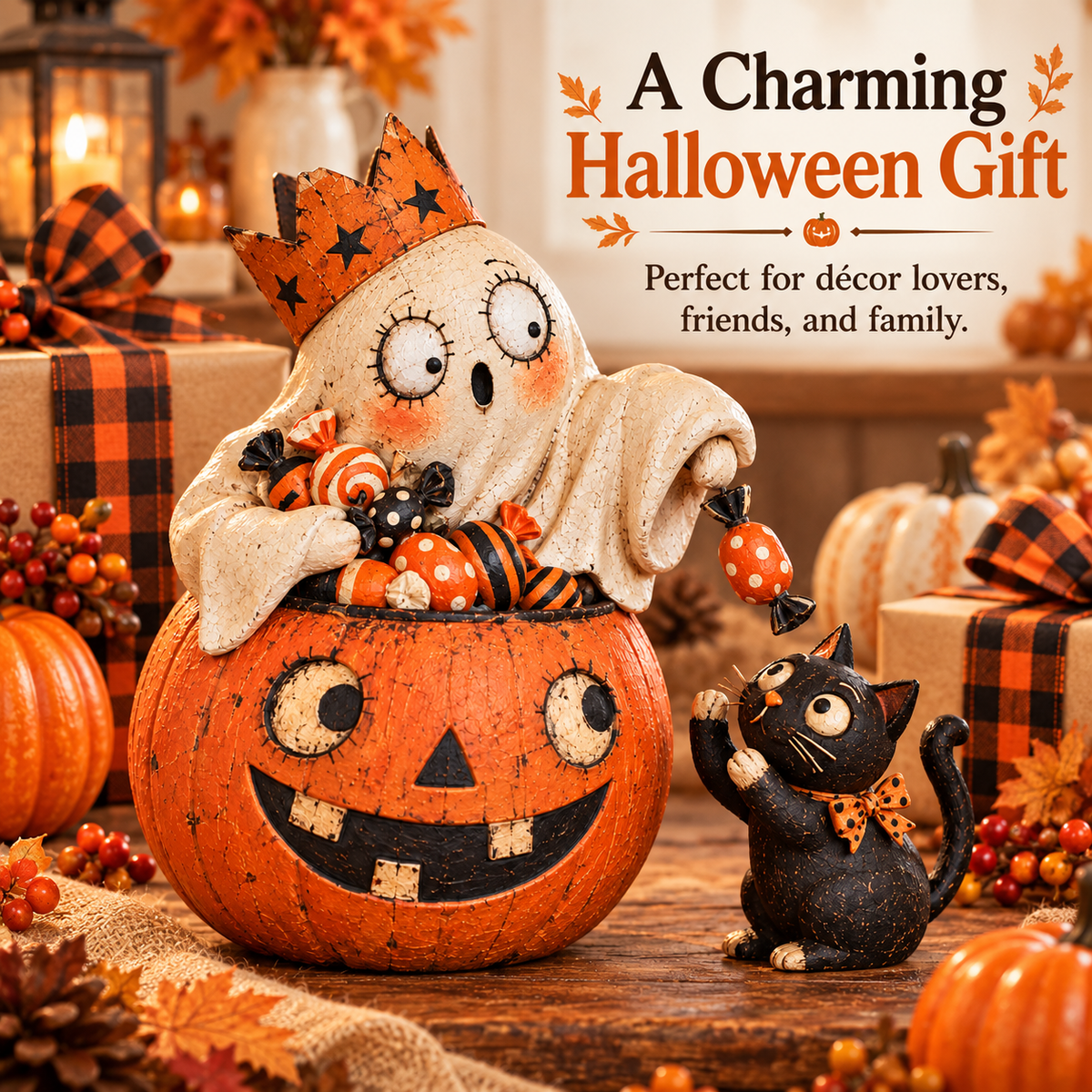 👻 Crowned Ghost Candy Pumpkin & Black Cat Halloween Tabletop Decor 🎃🐈‍⬛